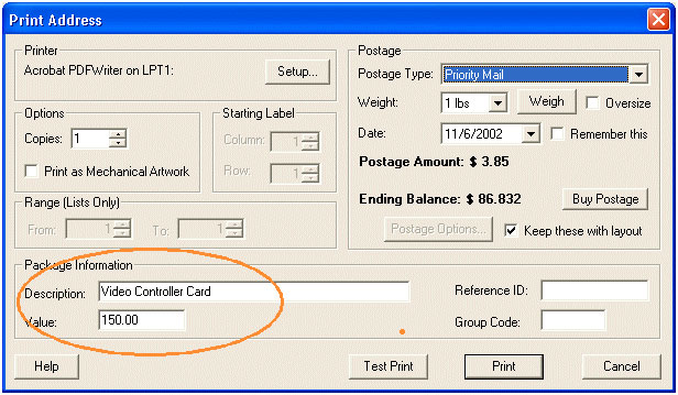 entering the package valuation and description in the Print dialog box